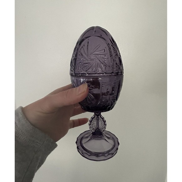 Vtg Victorian Trading Co Purple Glass Footed Egg Shaped Trinket Covered Compote - Picture 4 of 10